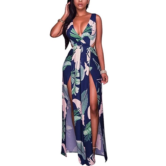 Bohemian Floral Print Front Slits Maxi Dress - Picture 6 of 8